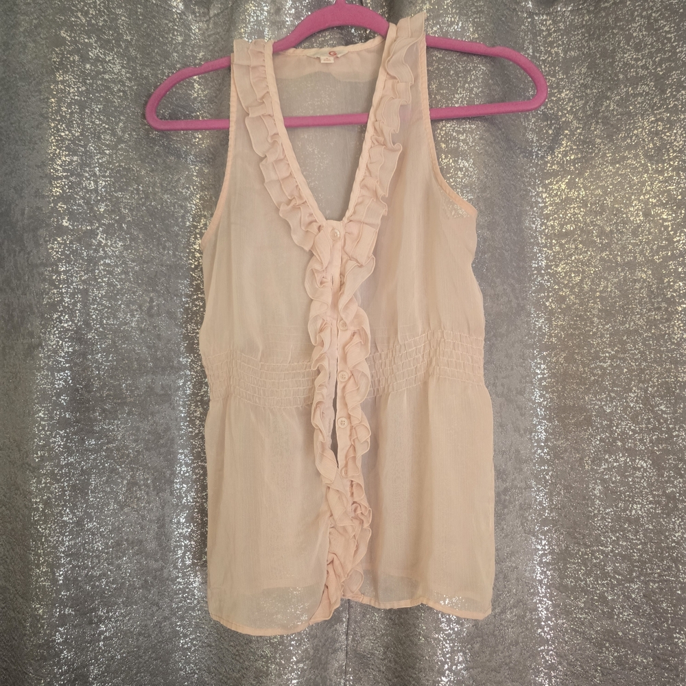 Guess Blush Pink Sheer Ruffle Sleeveless Button Down Shirt Size S